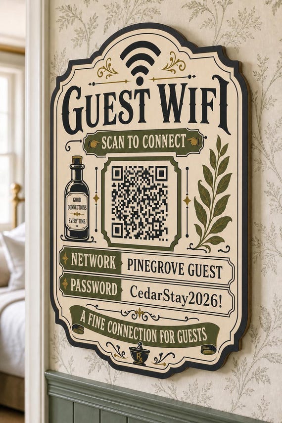 Good Connections Guest WiFi Sign textured multicolor sign mounted on a realistic neutral interior wall from a close side angle in cream, black, olive, and antique gold, showing the QR code and guest network details.