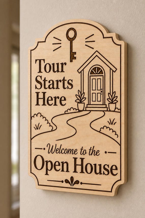 GardenPath engraved birch tour-start sign mounted on a neutral wall from a close side angle.