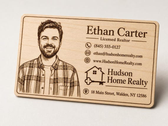 Custom Engraved Birch Business Cards with Portrait, Wooden Realtor Cards, Personalized Logo Contact Cards with Free Case, product view 4
