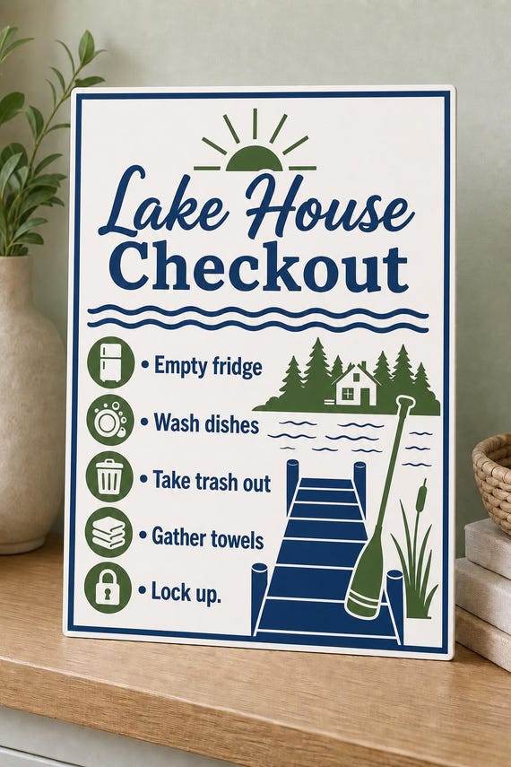Dockside Lake House Checkout Sign, Personalized Guest Checklist, Multicolor Cabin Rental Decor