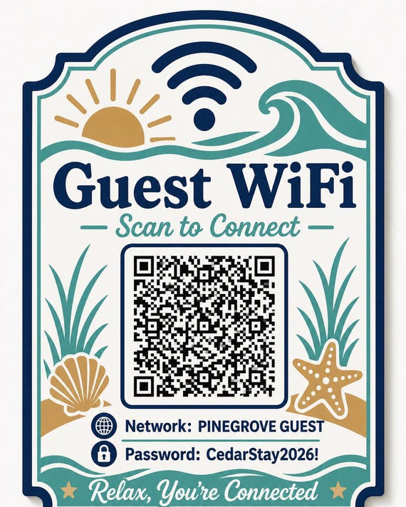 Coastal Current Guest WiFi Sign, Personalized QR Code, Beach House Host Decor