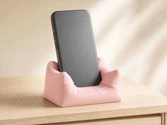 Close-up lifestyle view of the Plush Nook phone stand in Sakura Pink holding a phone