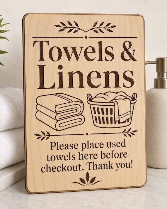 LinenHaven Towel Return Sign, Personalized Guest Bathroom Reminder, Engraved Wood Vacation Rental Decor