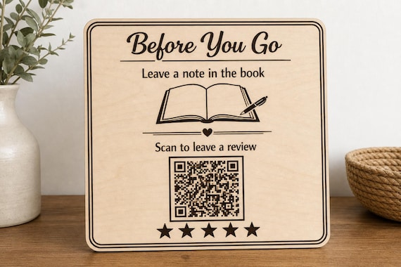 Guestbook Glow Review QR Sign, Personalized Guest Book Reminder, Engraved Birch Vacation Rental Decor