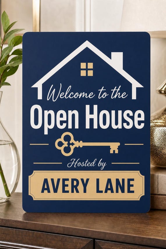 NavyKey Hosted Open House Sign, Personalized Realtor Name Display, Real Estate Welcome Decor