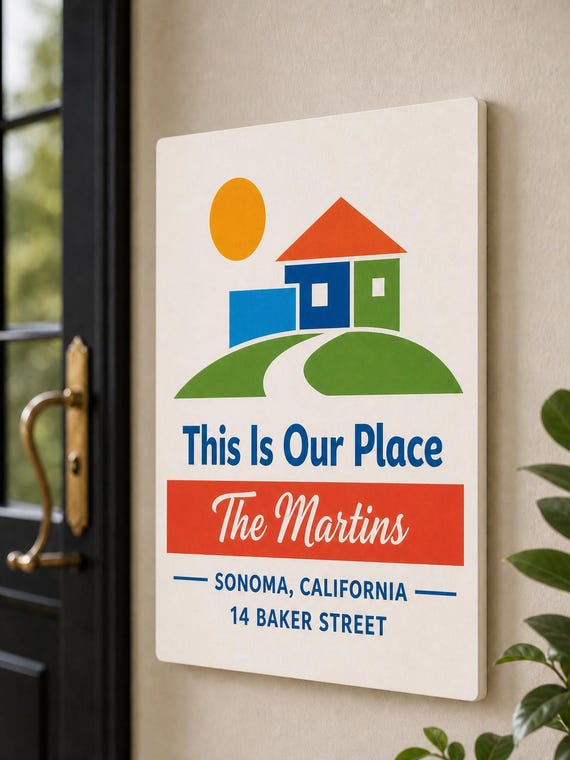 Our Place colorful family sign mounted on a neutral entry wall from a close side angle.