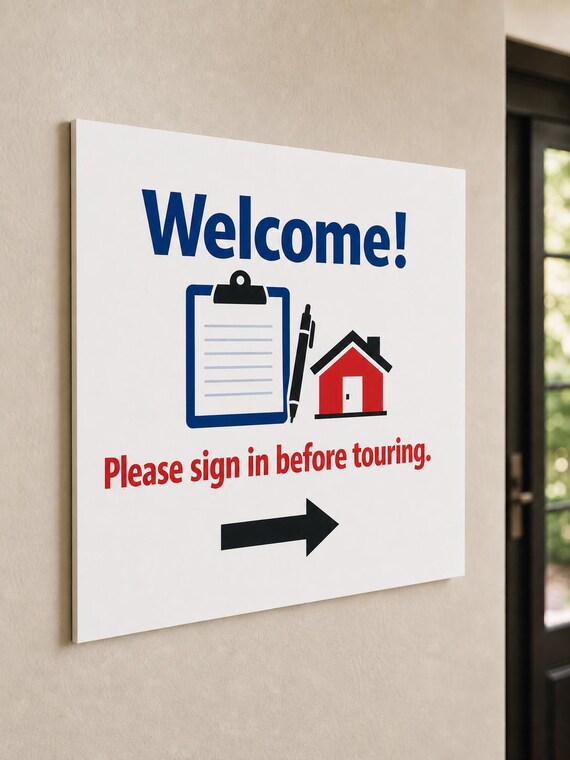 WelcomeRoute multicolor open-house sign-in sign mounted on a warm neutral entry wall from a close side angle.