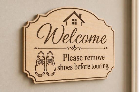 ShoePause landscape engraved birch touring reminder mounted on a neutral wall from a close side angle.