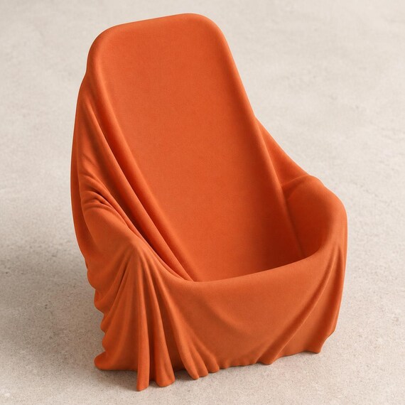 High-angle close-up of the empty DrapeDock draped chair phone stand in Terracotta