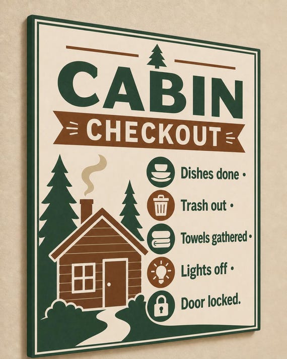 Pinecrest multicolor cabin checkout sign mounted on a warm-beige wall from a close side angle.