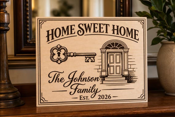Heritage Home Sweet Home Sign, Personalized Family Name, Engraved Birch Realtor Closing Gift