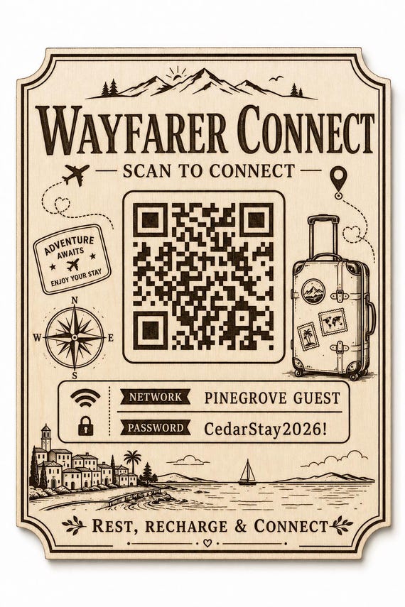 Wayfarer Connect Guest WiFi Sign, Personalized QR Code, Engraved Birch Travel Decor