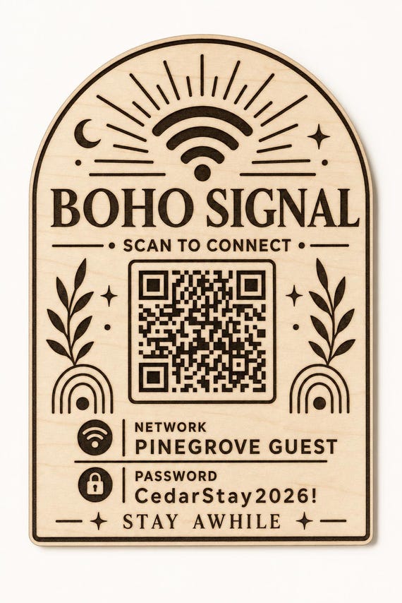 Personalized boho guest Wi-Fi sign with a QR code in a welcoming interior