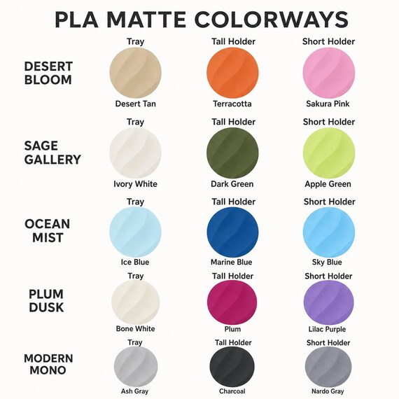 Labeled Matte guide for the five GroveKeeps Jewelry Stand colorways