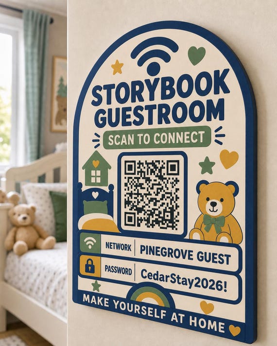 Storybook Guestroom WiFi Sign textured multicolor sign mounted on a realistic neutral interior wall from a close side angle in cream, navy, sage, and mustard, showing the QR code and guest network details.