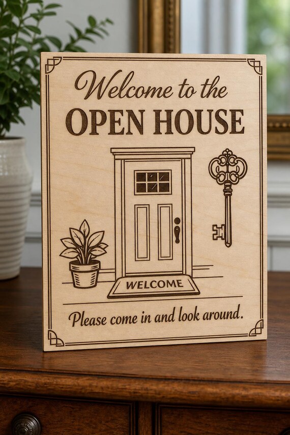Classic Entry Open House Sign, Personalized Come In and Look Around, Engraved Birch Realtor Decor