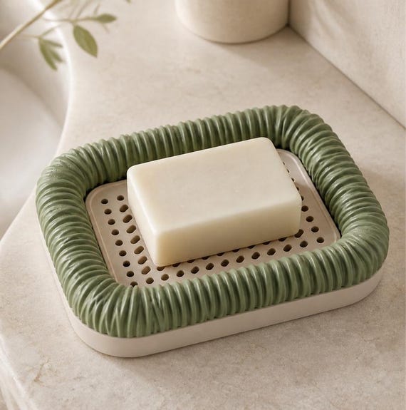 LinenCrest Draining Soap Tray with Catch Basin, Ruched Sculptural Bar Soap Holder for Bathroom Vanity