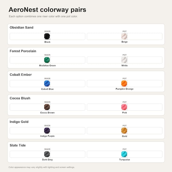 AeroNest colorway pairs showing the exact colors used in each selectable option