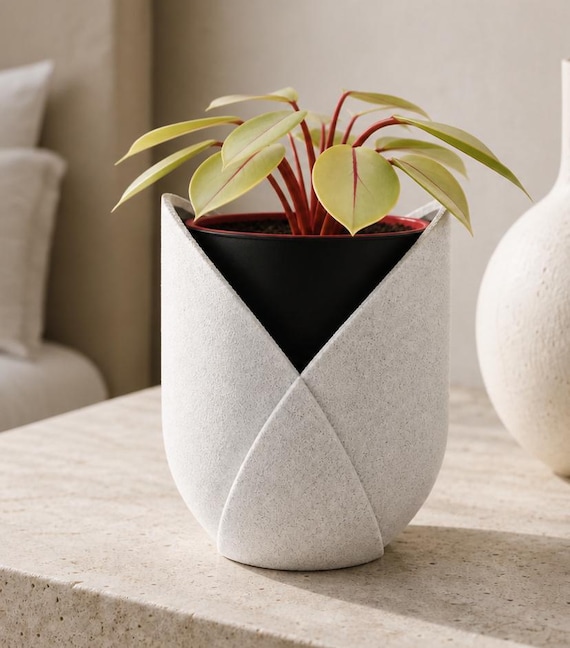 LayerMoon Three Color Planter, Textured Architectural Indoor Cachepot for Shelf, Console or Plant Stand