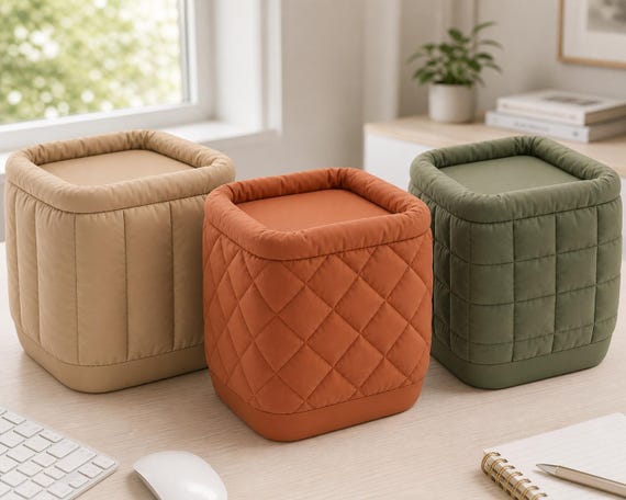 Close-up group scene showing the three SoftSquare Desktop Bin surface patterns from multiple angles