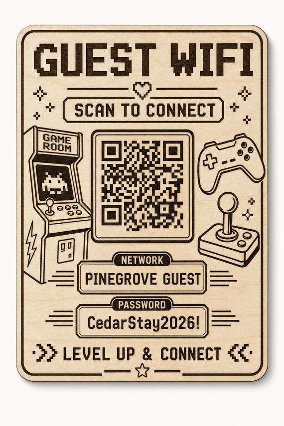 Pixel Lounge Guest WiFi Sign, Personalized QR Code, Engraved Birch Game Room Decor