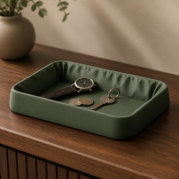 Dark Green Softbank Catchall Tray entryway catchall tray holding a watch, keys, and coins on a wood console