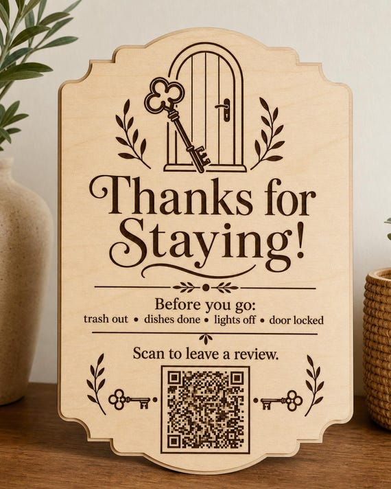 HearthKey Review QR Sign, Personalized Airbnb Checkout Reminder, Engraved Wood Vacation Rental Host Decor