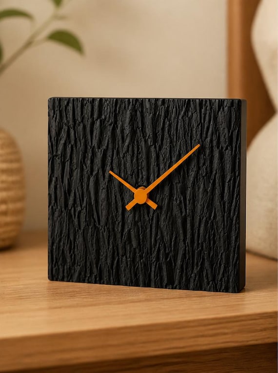 WoodlandTime Table Clock with Bark Texture, Sculptural Desk and Mantel Timepiece for Nature Inspired Decor