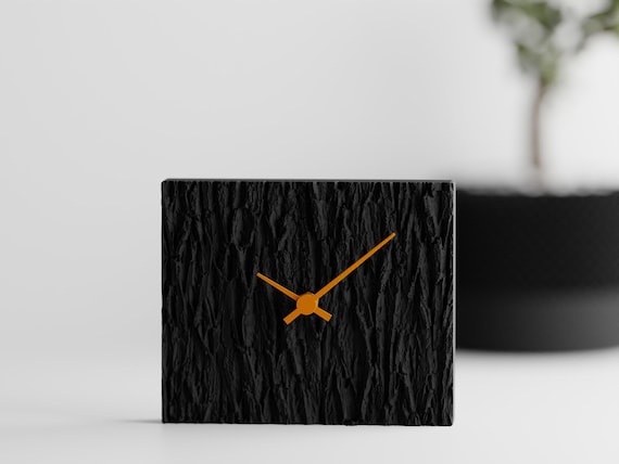 WoodlandTime Table Clock, straight-on close-up of the Barkhaven clock's deep bark relief
