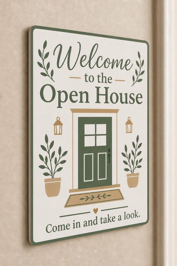 SageEntry multicolor open-house welcome sign mounted on a neutral wall from a close side angle.