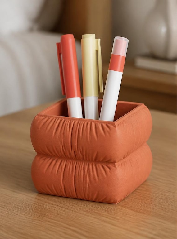 Puffridge Pen Cup, Gathered Fabric Look Pencil Holder, Sculptural Home Office and Teacher Desk Organizer
