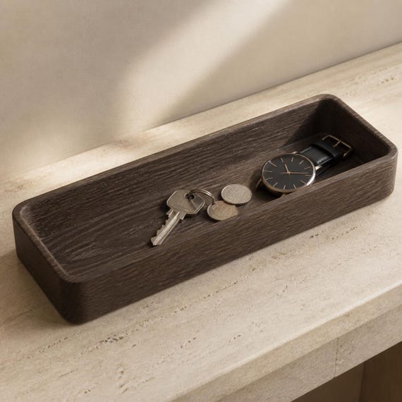 Embergrain Valet Tray, timberfold wood look catchall tray holding keys coins and a watch on an entryway console