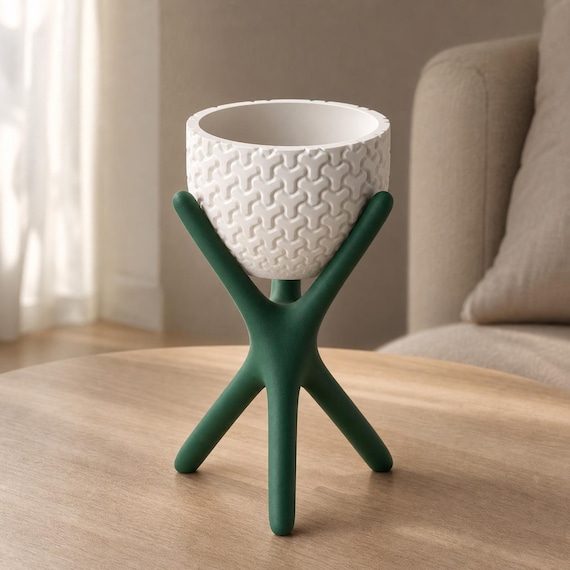 Close-up elevated view of the Small HearthLift Tripod Planter planter in Mistletoe Green and White