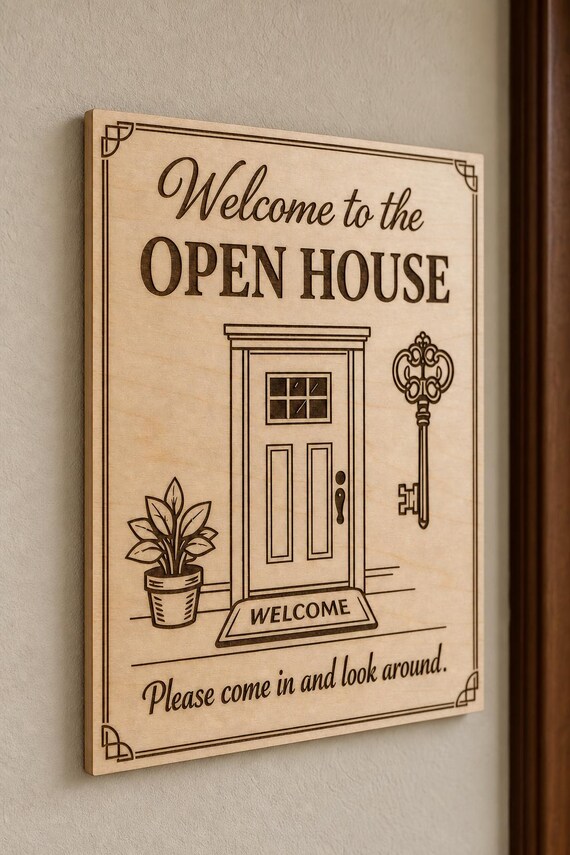 Classic Entry engraved birch open-house welcome sign mounted on a warm wall from a close side angle.