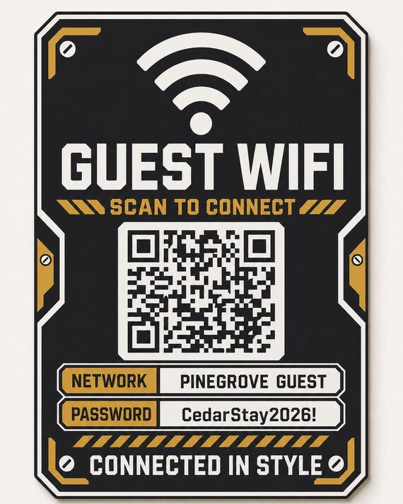 Foundry Signal Guest WiFi Sign, Personalized QR Code, Industrial Black and Gold Host Decor