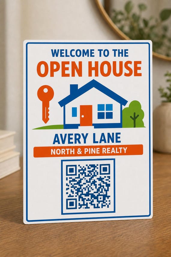 Personalized real-estate open-house sign with agent name and QR code