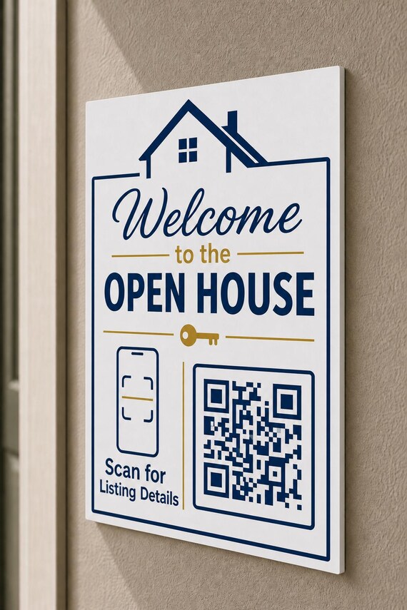 HouseKey multicolor listing-details sign mounted on a neutral wall from a close side angle with a finished sample QR code.