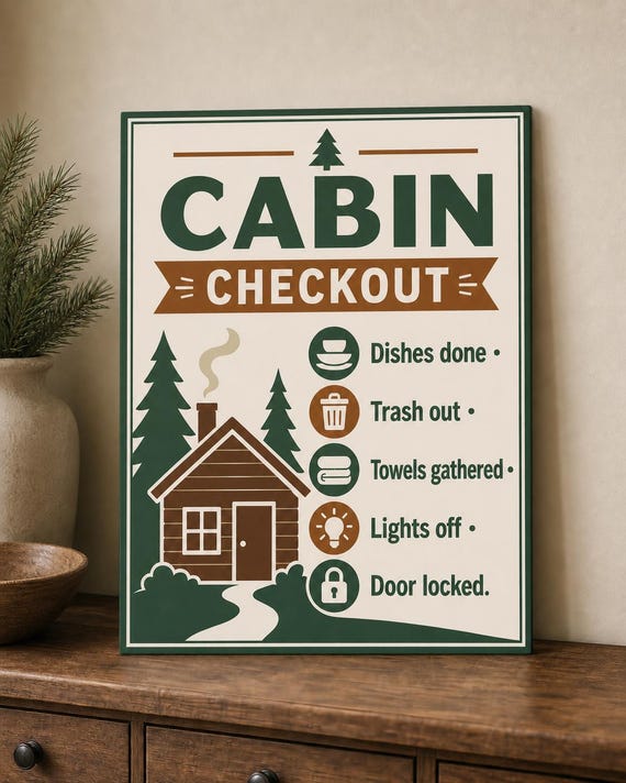 Pinecrest Cabin Checkout Sign, Personalized Guest Checklist, Multicolor Vacation Rental Host Decor