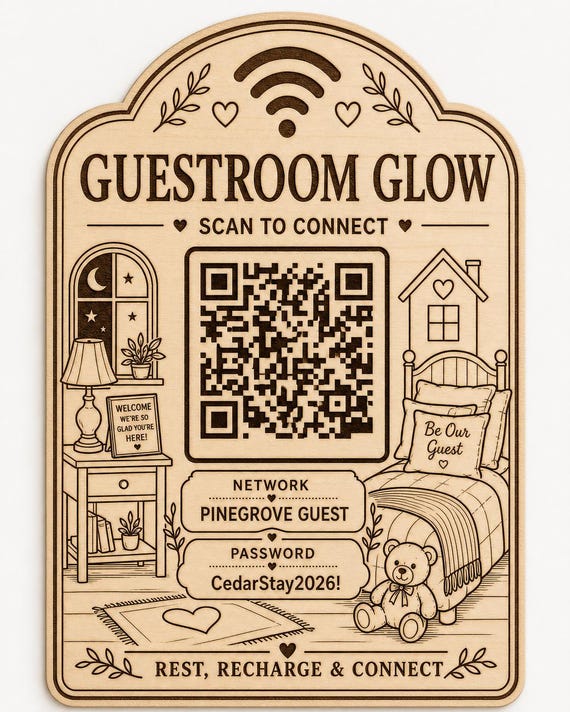 Guestroom Glow WiFi Sign, Personalized QR Code, Engraved Birch Bedroom Decor