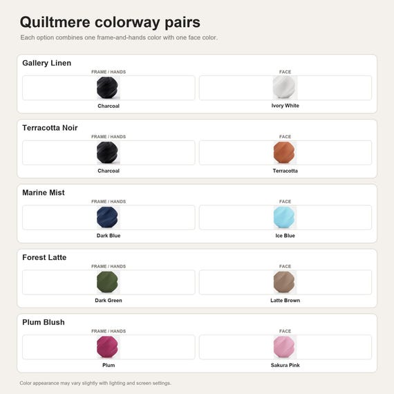 Quiltmere colorway pairs showing the exact colors used in each selectable option