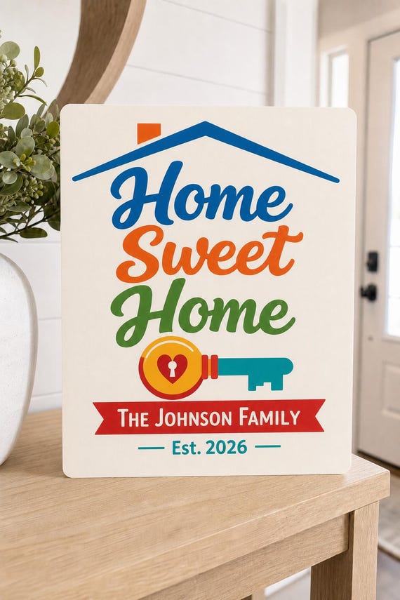 Home Sweet Home Key Sign, Personalized Family Closing Gift, Colorful Housewarming Decor