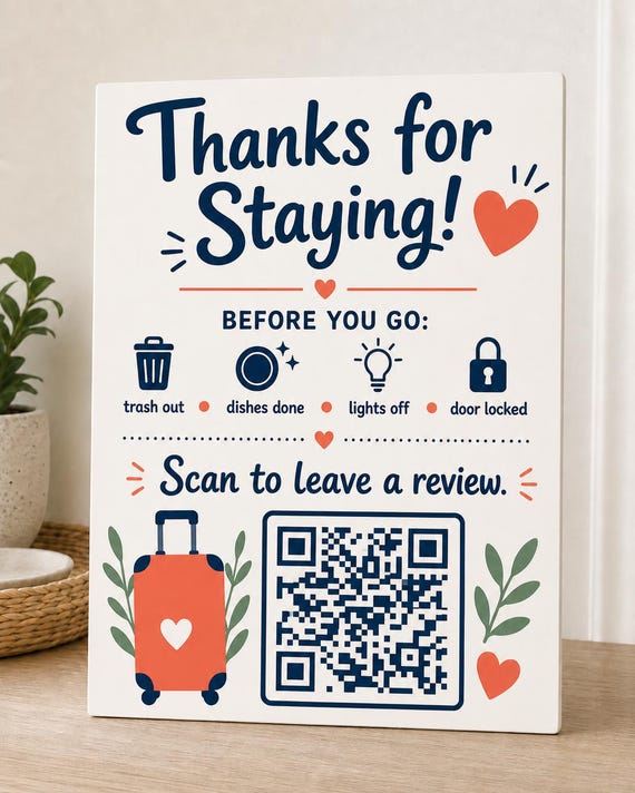 CoralKey Review QR Sign, Personalized Airbnb Checkout Reminder, Multicolor Vacation Rental Host Decor