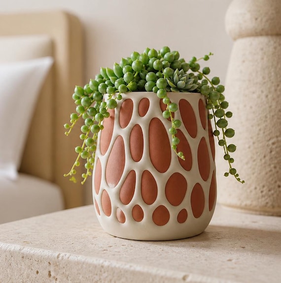 PebbleWeb Succulent Pot, Cellular Two Color Indoor Cachepot for Small Plant, Desk, Shelf or Windowsill