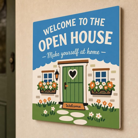 GardenGate multicolor square open-house welcome sign mounted on a warm neutral wall from a close side angle.