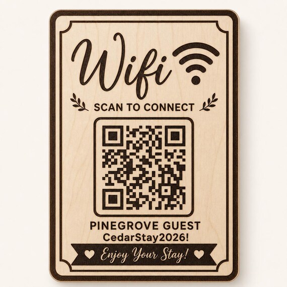 Scripted Welcome Guest WiFi Sign, Personalized QR Code, Engraved Birch Guest Room Decor