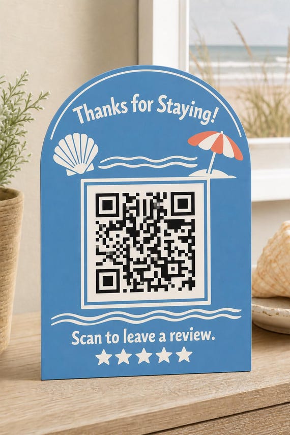 ShoreShell Guest Review QR Sign, Personalized Beach Rental Thank You Decor, Coastal Host Display