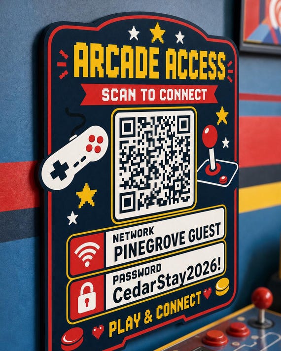 Arcade Access Guest WiFi Sign textured multicolor sign mounted on a realistic neutral interior wall from a close side angle in navy, red, gold, and cream, showing the QR code and guest network details.