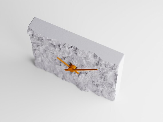 QuarryHour Table Clock, front-angle close-up of the Stonewake table clock and chiseled stone-look face