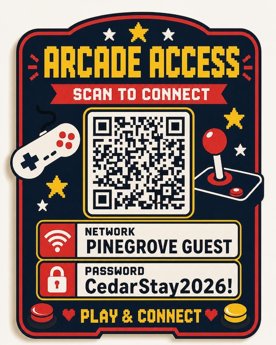 Arcade Access Guest WiFi Sign, Personalized QR Code, Colorful Game Room Host Decor