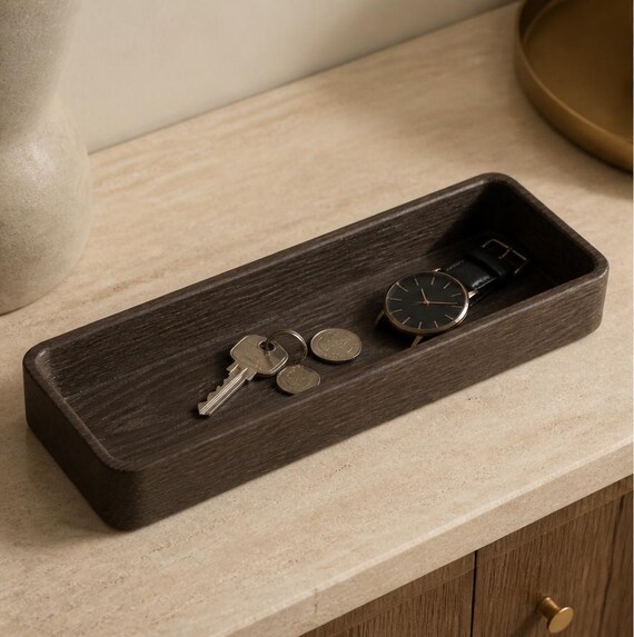 Embergrain Valet Tray, Espresso Wood Look Catchall, Long Entryway Key Dish and Nightstand Organizer